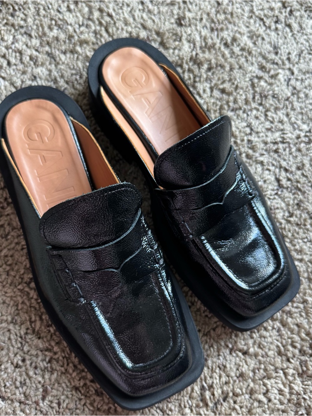 Ganni Square-Toe Backless Leather Heeled Loafer Black Size 7 in US /EU38 - Picture 3 of 13